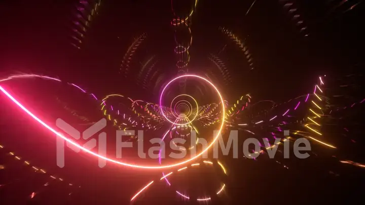 Gradient neon spiral metal tunnel background. Endless flight forward. Modern neon lighting. 3d illustration