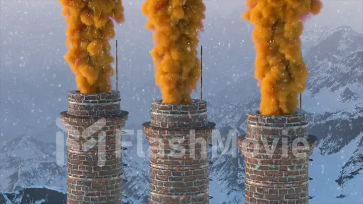 Brick chimney on the against the backdrop of a snowy mountain landscape. Colored smoke. Winter. 3d Illustration.