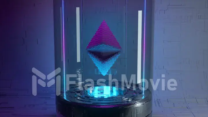 Pixel animation of Ethereum coin symbol logo in glass capsule with neon lighting. Ethereum Coin: 3d illustration