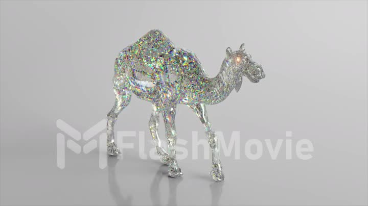 Walking diamond camel. The concept of nature and animals. Low poly. White color. 3d animation of seamless loop