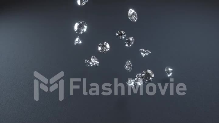 3D render, diamonds falling and beat on the gray texture surface in slow motion
