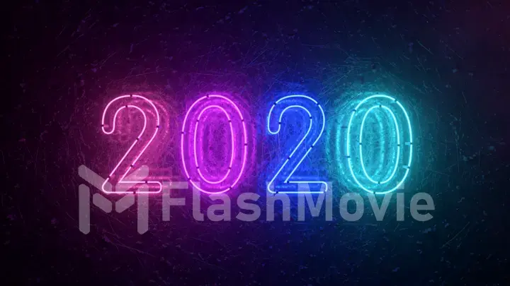 2020 neon sign background new year concept. Happy New Year. Metal background, Modern ultraviolet blue purple neon light. Flicker light. 3d illustration