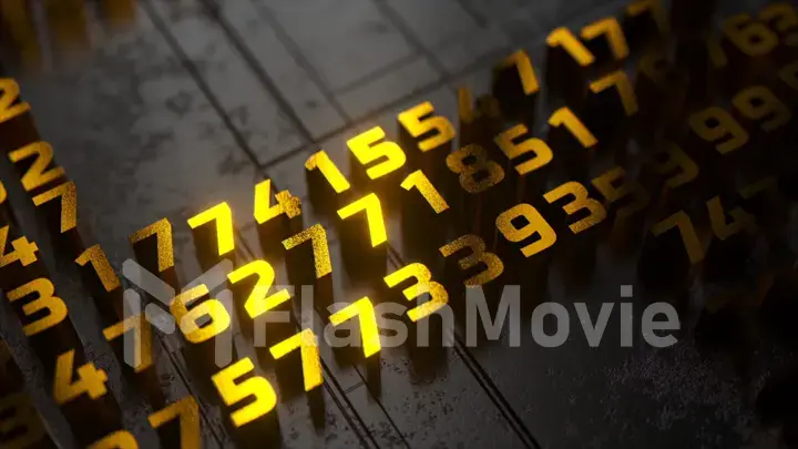 Golden numbers on a dark background. Binary code. Close-up. Software. Digital currency. 3d illustration