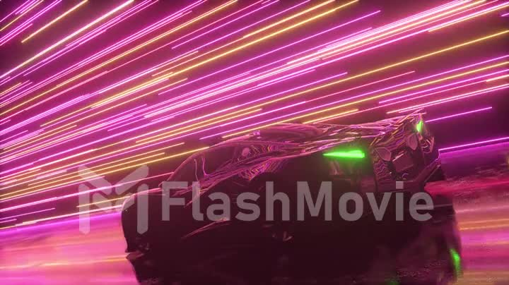 Futuristic concept. Sports car on the background of glowing neon lines. Pink purple color. 3d animation of seamless loop