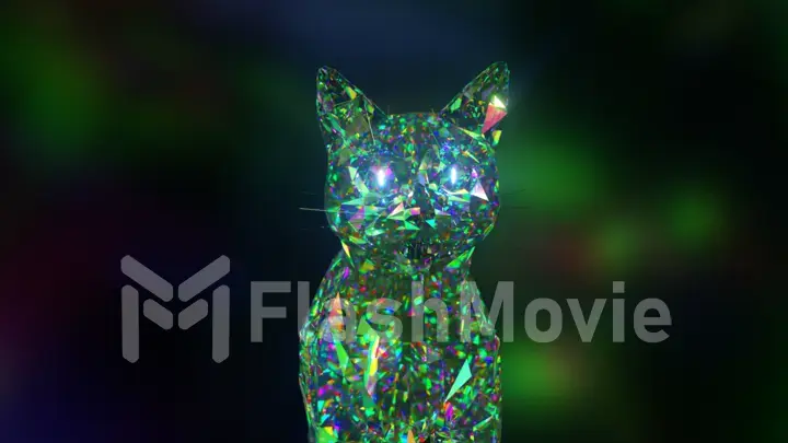 Collection of diamond animals. Nature and animals concept. Cat. Green color. Lowpoly. 3d Illustration