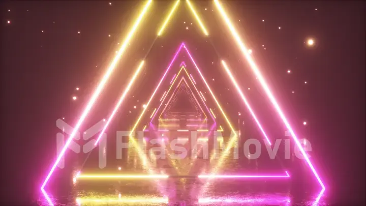 Flying through glowing neon triangles with metal floor creating a tunnel with fog, yellow pink violet spectrum, fluorescent ultraviolet light, modern vj colorful lighting, 3d illustration