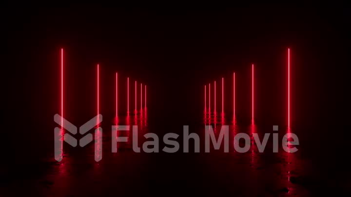 Futuristic sci fi bacgkround. Red neon lights glowing in a room with concrete floor with reflections of empty space. Alien, Spaceship, Future, Arch. Progress. 3D animation of seamless loop.