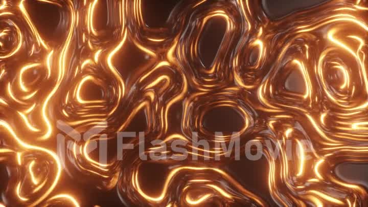Abstract glowing 3d render holographic oil surface background, foil wavy surface, wave and ripples, ultraviolet modern light, neon orange spectrum colors. Seamless loop 4k animation