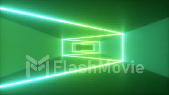 Abstract flying in futuristic corridor background, fluorescent ultraviolet light, glowing colorful laser neon lines, geometric endless tunnel, green spectrum, 3d illustration