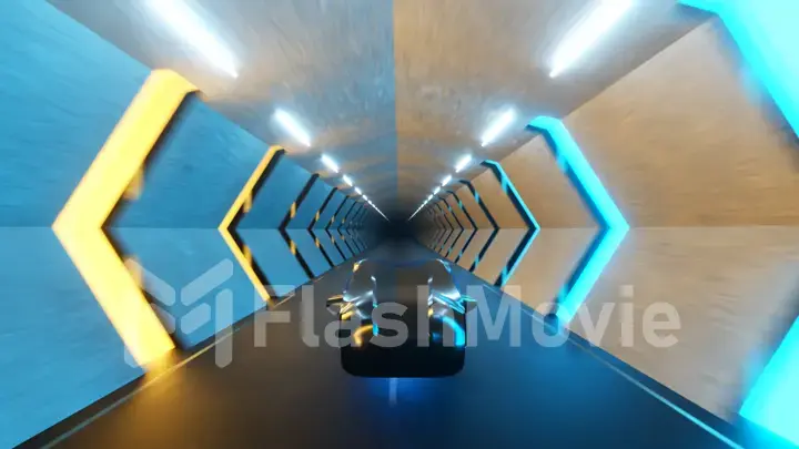 Flying robot behind the wheel of a futuristic car in a long tunnel. Back view. Artificial intelligence and the concept of the future. 3d illustration
