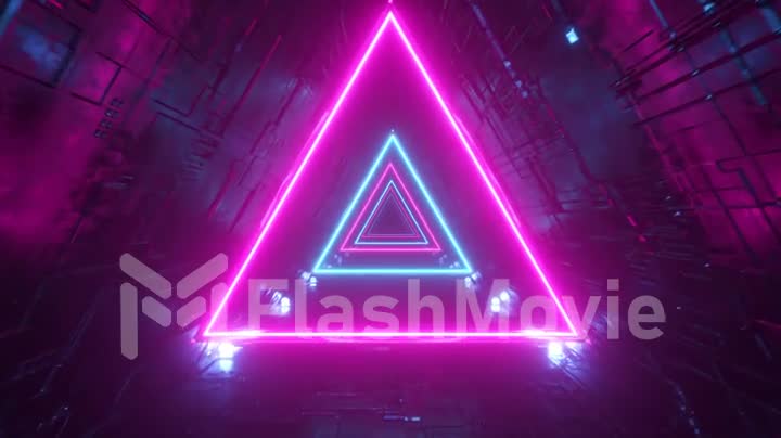 Sci-fi tunnel with neon triangles. Endless flight forward. Modern neon lighting. Seamless loop 3d render