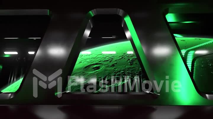 Sci-fi tunnel in outer space with neon light. Planet Mars outside the window of the spaceship. Space technology concept. 3d animation of a seamless loop