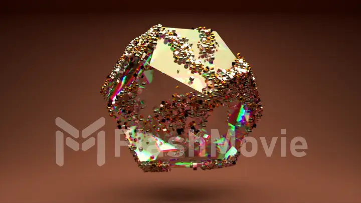 Abstract concept. A multi-faceted transparent gem rotates on a golden background. Precious particles on the stone.