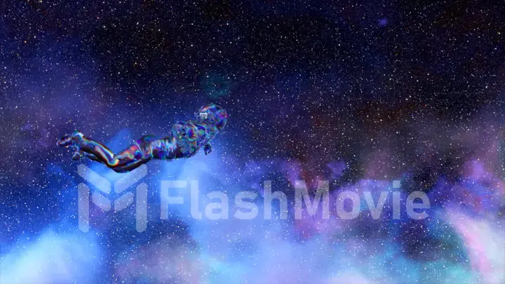 Diamond astronaut floats through the boundless space. Clouds on the background of the starry sky. 3d illustration.