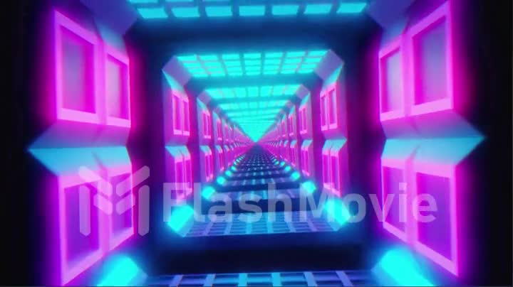 Retro Futuristic, Flying in a metal corridor of squares,, 80s Retro Sci-fi. Fluorescent ultraviolet light, modern colorful lighting, 4k loop animation