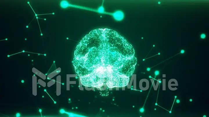 3d rendering illustration. Red the human brain on dark background. The brain as a hologram. The grid frame that surrounds the brain.