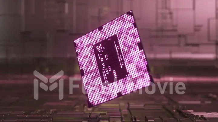 Technological concept. The large chip rotates and glows in neon pink and yellow color. Microchip. Close-up. AI. CPU.