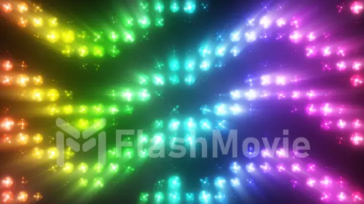 Colorful flashing of multicolored spotlights of light bulbs in texture from bottom to top with smoke. 3d illustration