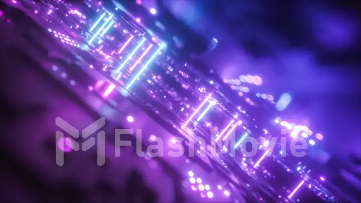 Bright Modern Futuristic Alien Reflective Concrete Corridor Tunnel Empty Room With Purple And Blue Neon Glowing Lights Hexagon Floor Background 3D Illustration