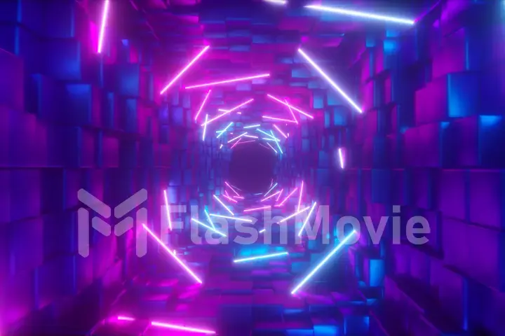 Abstract flying in futuristic corridor, fluorescent ultraviolet light, glowing colorful laser neon lines, geometric endless tunnel, blue pink spectrum, 3d illustration