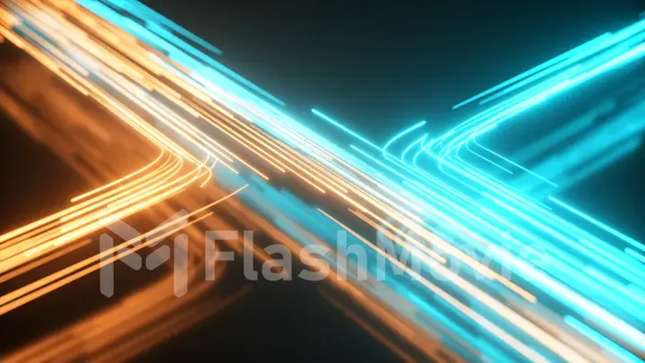 Blue and orange neon stream. High tech abstract curve background. Striped creative texture. Information transfer in a cyberspace. Rays of light in motion. 3d illustration