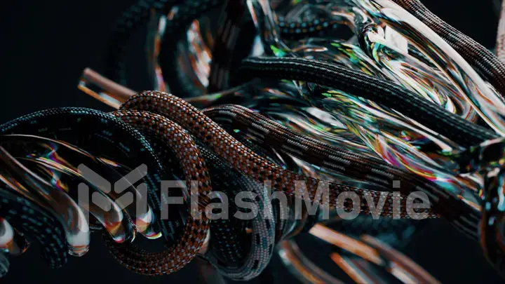 Colored electronic wires and ropes are twisted on a black background. Close-up. Computer industry equipment.