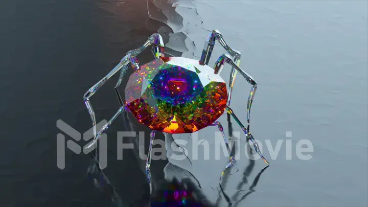 Abstract concept. A glass spider with a large colored diamond on its back walks 3d illustration