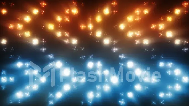 Colorful flashing lights with smoke bulb spotlight flood lights arrow vj led wall stage led display blinking lights. 3d illustration