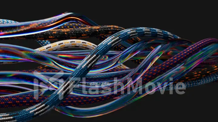 Abstract concept. Transparent tubes and ropes are twisted on a black isolated background. Knot, spiral, plexus. Ropes.