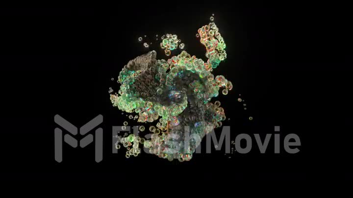 Many bubbles move randomly taking abstract shapes. Whirlwind, current. Green color. Black background. 3d animation