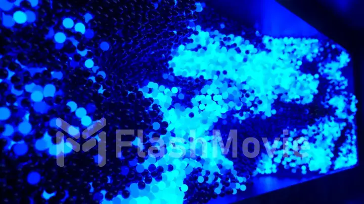 Abstract cloud of randomly glowing blue spheres in a futuristic room. Conceptual technology business composition. 3d illustration