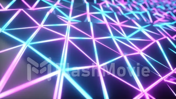 Abstract cg polygonal neon blue surface. Geometric poly light triangles motion background. 3d illustration