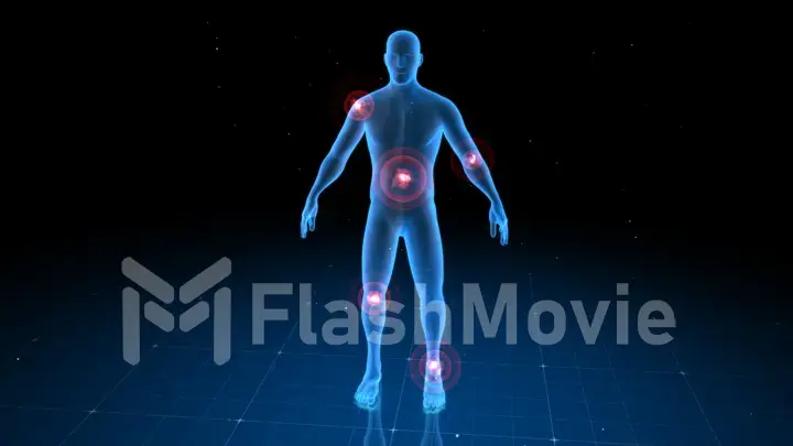 Digital human body with visible pain in different places, 3d illustration