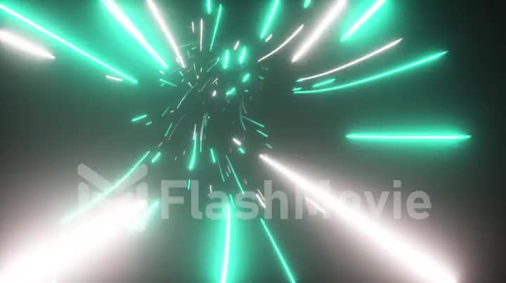 Flying in an abstract bright neon technology tunnel. Modern light. Hyper jump in data space. Seamlees loop 3d render