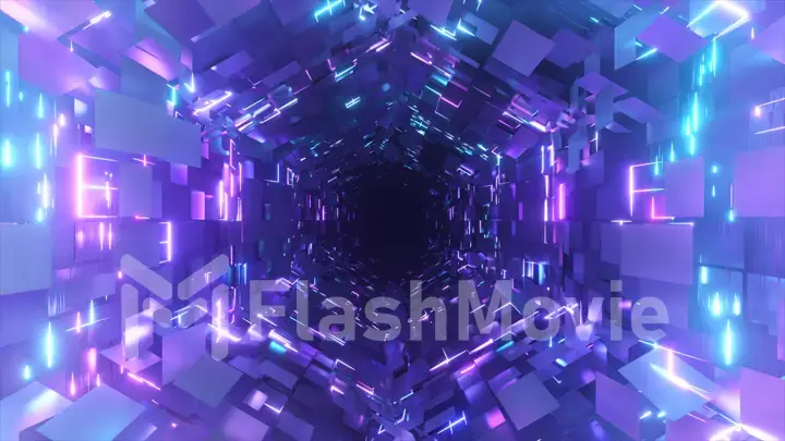 Flying inside a neon hexagonal tunnel. Background futuristic. Chaotic distribution of polygons. 3d illustration