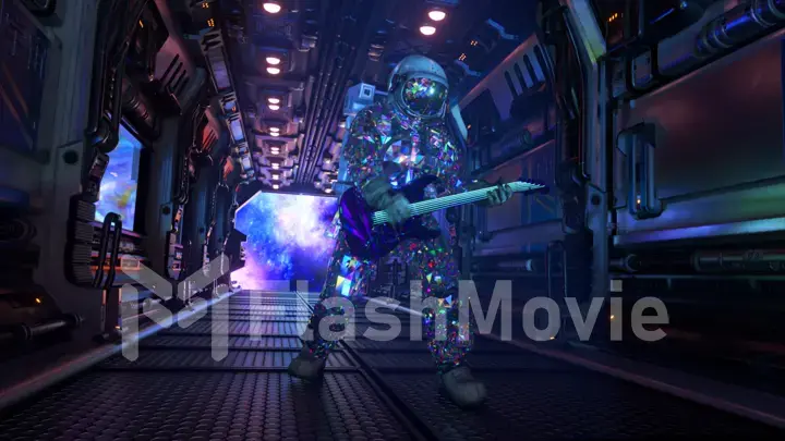 The concept of space exploration. Diamond astronaut plays the guitar in the corridor of the spaceship. Blue neon lights