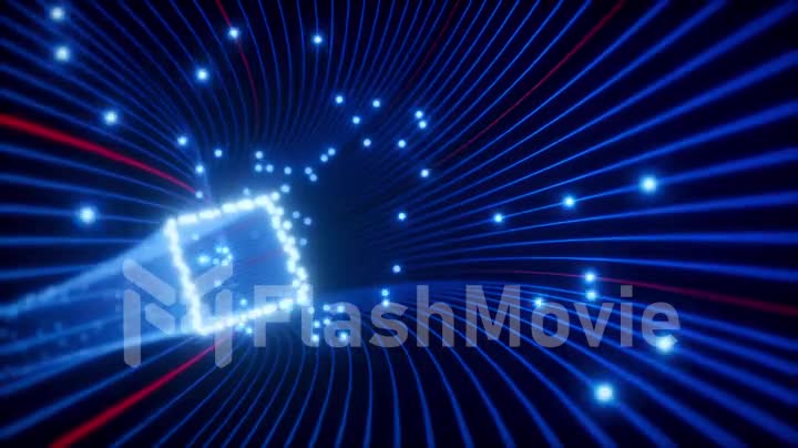Abstract 3d render background of moving of lines for fiber optic network creating technology tunnel. Magic flickering neon dots or glowing flying lines. Seamless loop 4k animation.