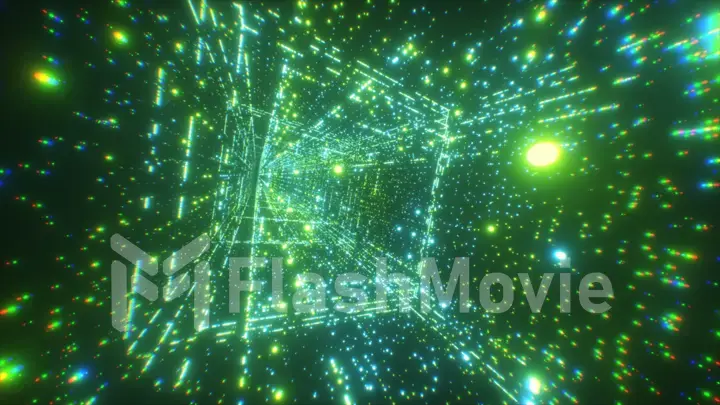 Digital technology tunnel. 3D illustration Big Data Digital square corridor with futuristic matrix. Binary code particle network. Motion and communication technology background. Flashing particles.