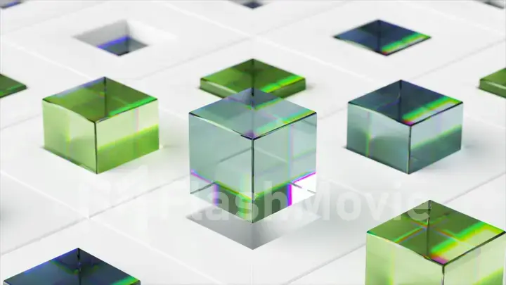 Abstract concept. Glass colored cubes fly out of white cells on the floor. Green and transparent. 3d illustration