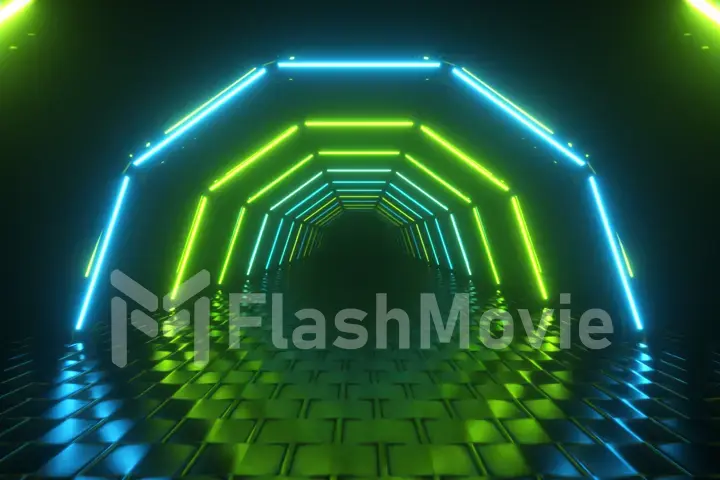Flight through hexagonal corridor, glowing tunnel, green blue neon light, abstract background, 80's retro style, pop music stage, fashion podium. 3d illustration
