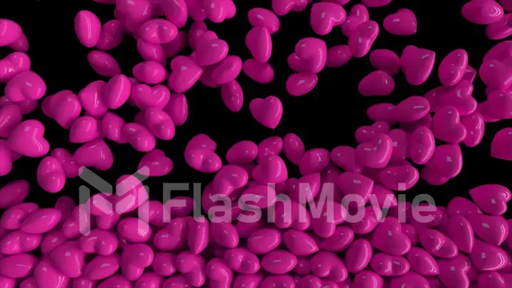 Falling dynamic pink hearts filling the screen on isolated black background. 3d illustration