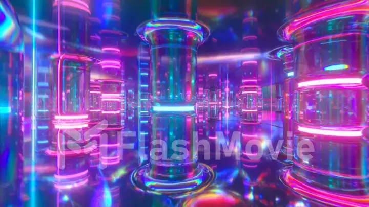 Fly through a futuristic corridor along neon glass pillars and columns. Modern ultraviolet neon glow. 3d illustration