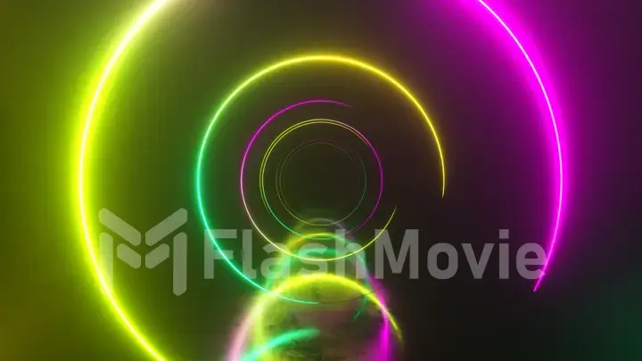 Infinity flight inside tunnel, neon light abstract background, round arcade, portal, rings, circles, virtual reality, modern light spectrum, laser show. 3d illustration