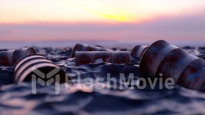 Oil pollution of nature. Embargo. Empty oil barrels float in a sea of oil. Sunset. 3d animation of seamless loop
