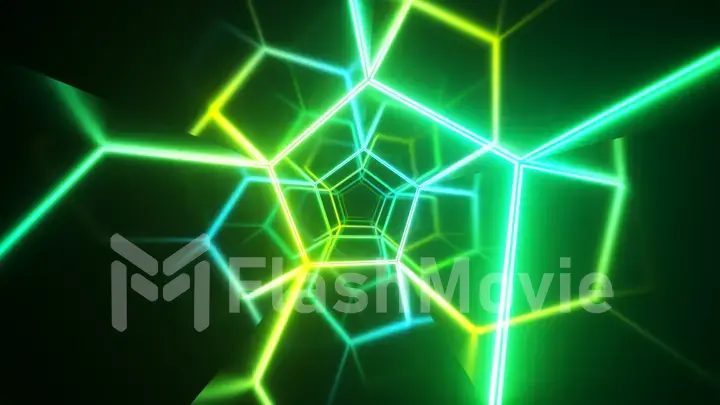 Endless flight in the corridor with a laser neon curve. Modern ultraviolet lighting. Blue green light spectrum. 3d illustration