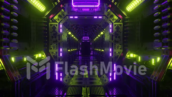 Flying in a spaceship tunnel, a sci-fi shuttle corridor. Futuristic abstract technology. Technology and future concept. Flashing light. 3d illustration