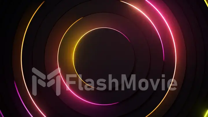 Radial abstract neon background. Laser neon lines move in a circle along a circular dark geometry. Conceptual technology background. Yellow pink light spectrum. 3d illustration