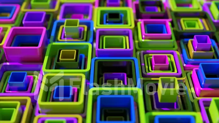 Colored square pipes of different heights are stacked inside each other. Blue purple green color. 3d illustration