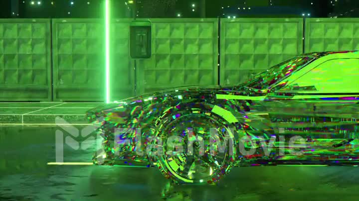 The concept of future technologies. The green sports car turns into a diamond one. Night city. neon light. 3d animation