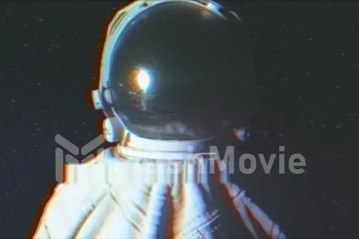 3d illustration in the style of an old broken TV with the effects of noise, glitch, and shromatic aberrations. Circular light flashes around an astronaut on starry background.